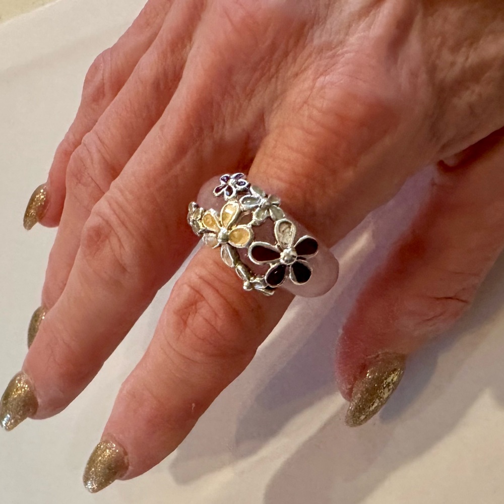 Pink Quartz Ring w/Enamel Sterling Silver Flowers